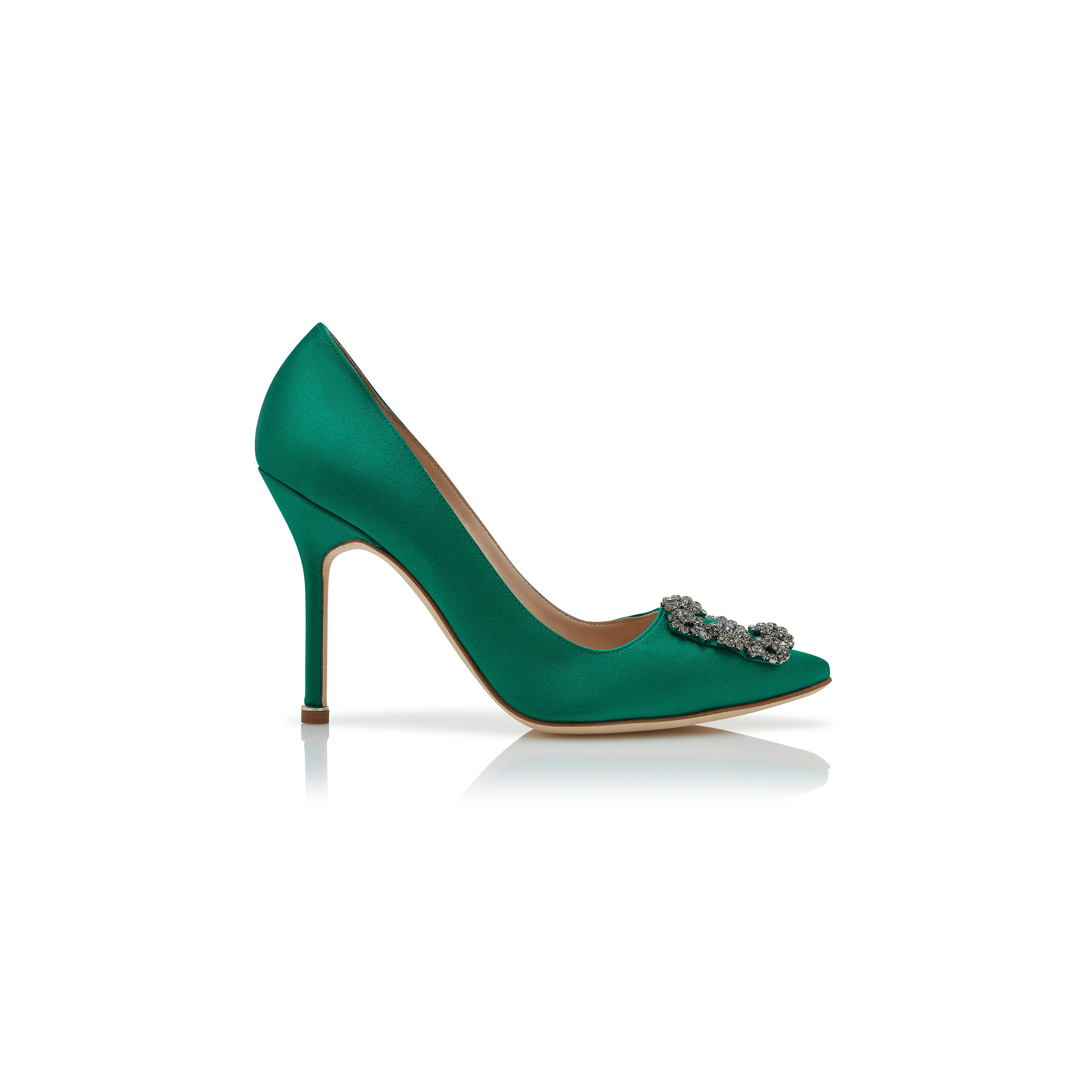 MANOLO BLAHNIK HANGISI GREEN SATIN JEWEL BUCKLE PUMPS 9XX-0664-0048